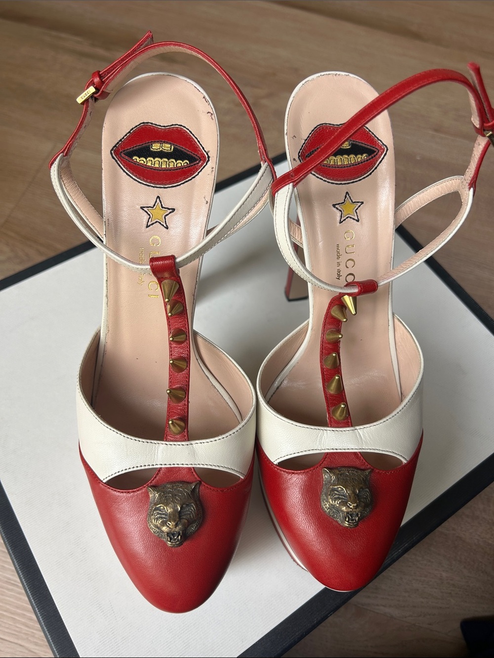 Gucci Red and White Stripe Platform Heels with Stud and Emblem Detail - Picture 4 of 13